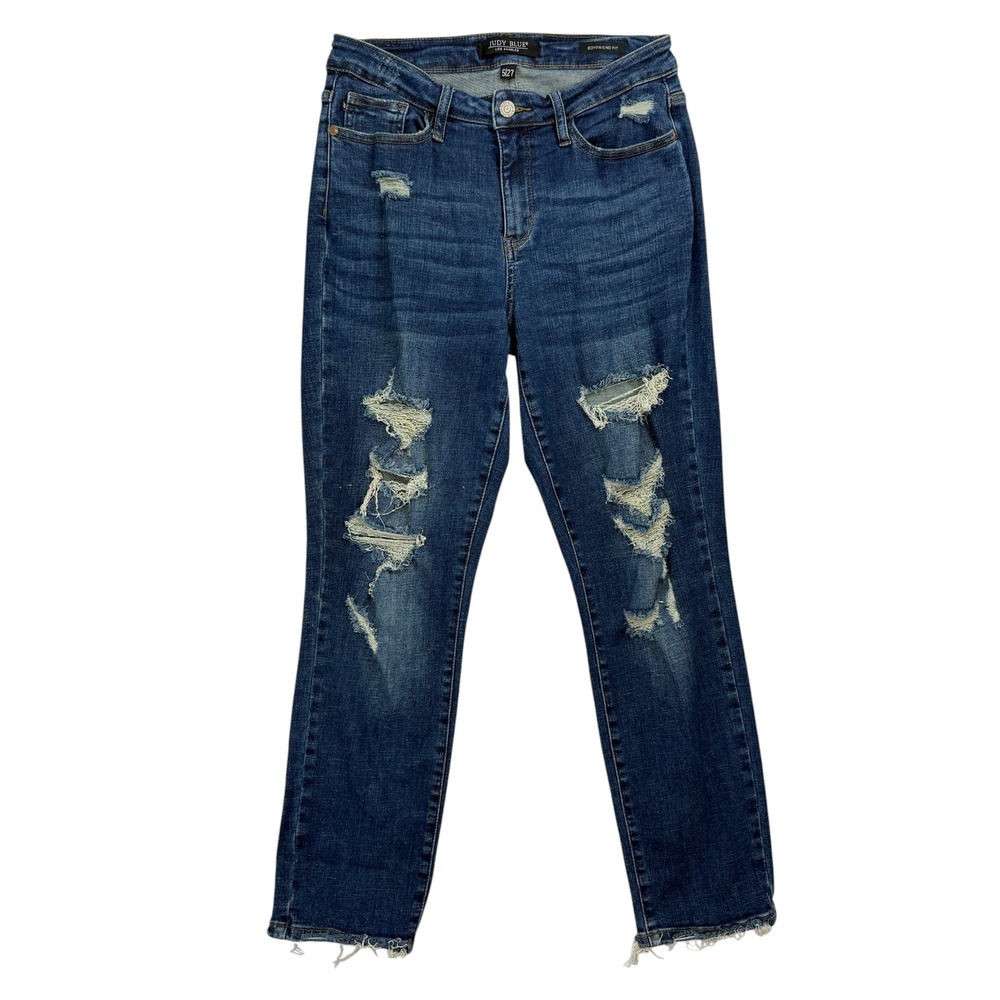 Judy Blue 5/27 Boyfriend Fit Distressed Destroyed Raw Hem Jeans Medium Wash